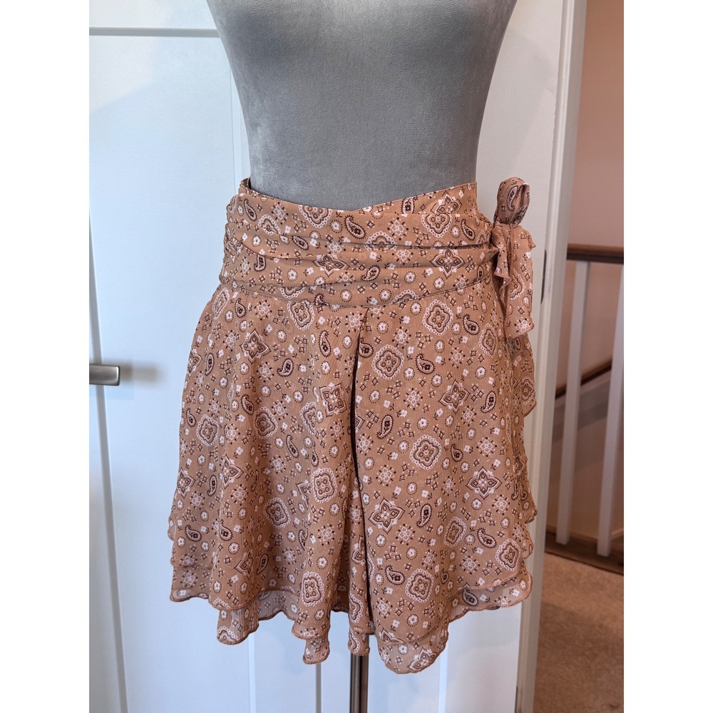 Aerie Tan Paisley Bandana Print Wrap  Ruffle Chiffon Skort XL country concert